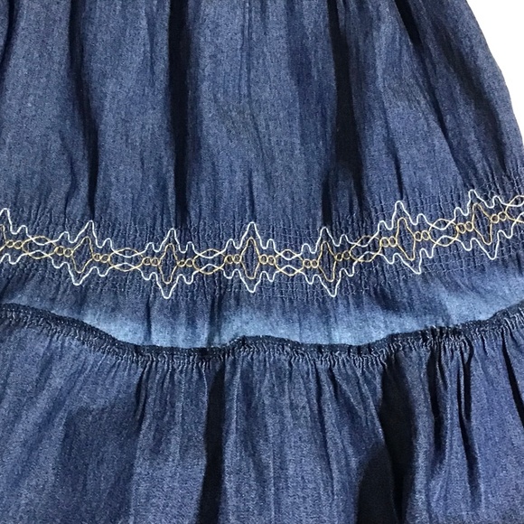 Indigo & Lace Maxi Dress Small Blue Chambray Peasant Smocked Embroidered Tiered - Picture 7 of 16
